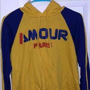blue and mustard yellow hoodie